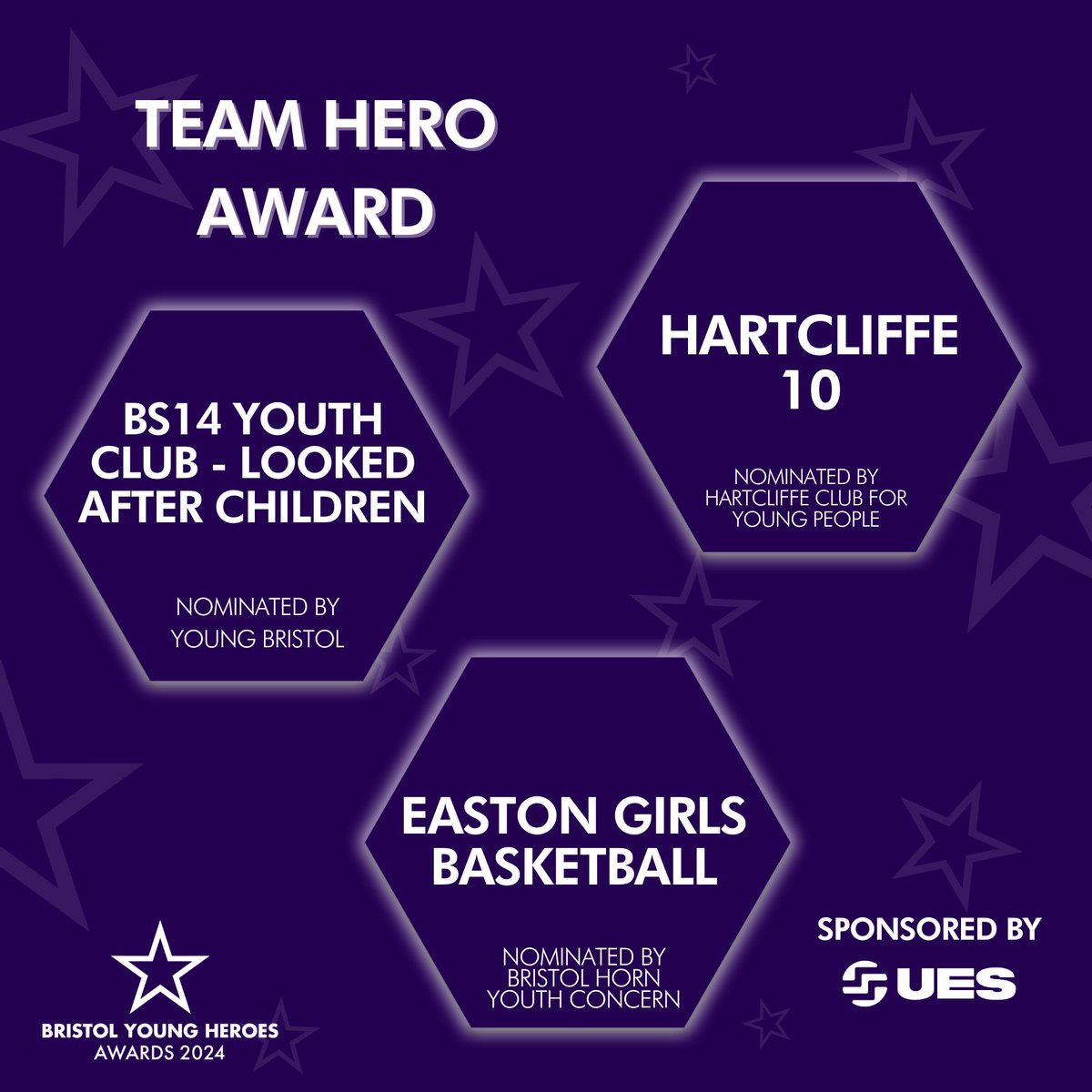 ✨Team Hero Award✨ Congratulations to the finalists for the Team Hero Award for the Bristol Young Hero Awards! 🌟 BS14 Youth Club - Looked After Children 🌟 Hartcliffe 10 🌟Easton Girls Basketball Good luck 🤞 Thank you to @UESLTD for sponsoring the Team Hero Award 🙏