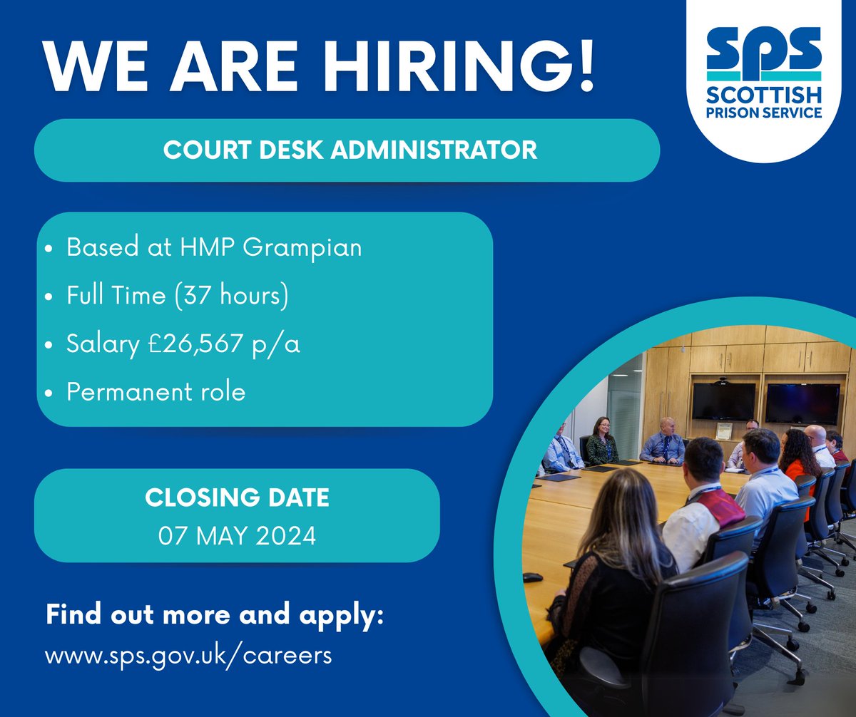 We're recruiting for a Court Desk Administrator to join our team at HMP Grampian. 🕐 Full time position (37 hours) 💷 Salary £26,567 p/a 📆 Closing date 07 May 2024 To find out more or to apply, visit: sps.gov.uk/careers