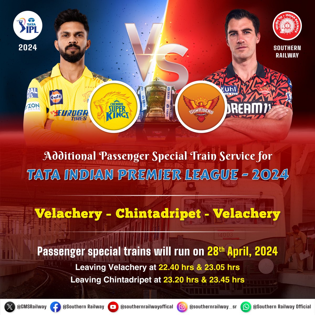 Additional Passenger Special Train Service, connecting Velachery to Chintadripet for seamless travel to and from the heart of the cricketing action. 

Whether you're cheering for the Super Kings or the Sunrisers, we've got your matchday commute covered.

 #SouthernRailway