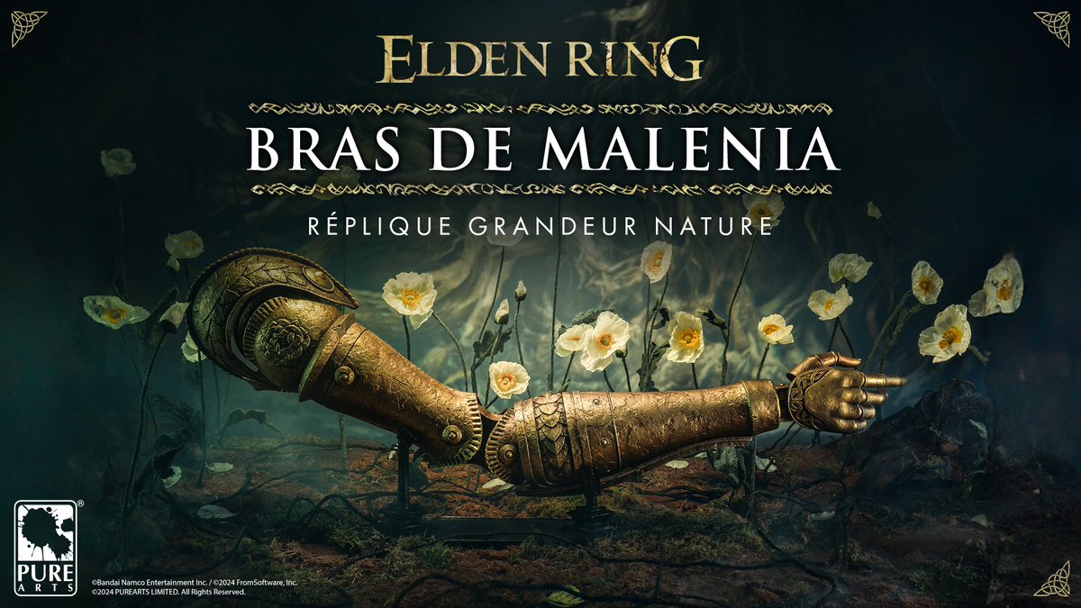 « La défaite m'est inconnue. » Cette réplique grandeur nature du bras de Malenia est disponible en précommande dès maintenant. Une magnifique pièce limitée, qui constitue un ajout parfait à la collection de tout fan d'#ELDENRING. bnent.eu/MaleniaArm