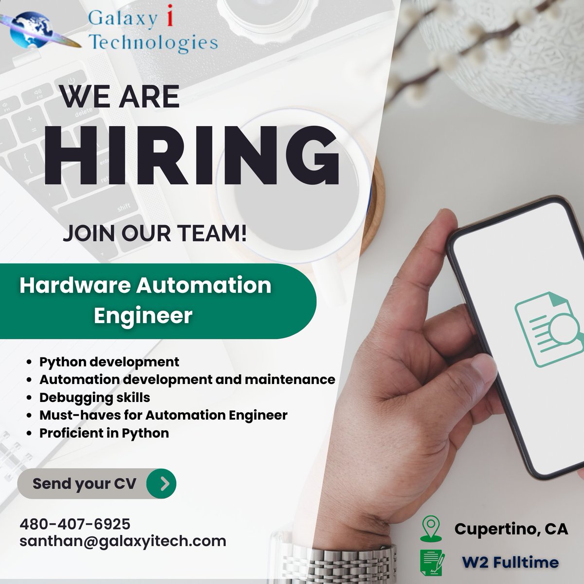 Galaxy I Technologies is looking for  Hardware Automation Engineer ,Cupertino, CA
W2/FULLTIME

For more details: santhan@galaxyitech.com/ 480-407-6925

Apply Now: lnkd.in/gmqBQ7cS.

engineering #python #technology #softwaretesters #sdet #success #corejava #apitesting #sele