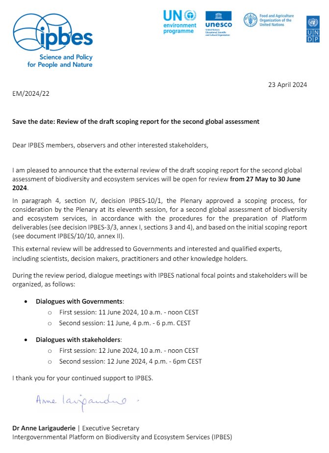 @KateBrauman @IPBES The time has come @IPBES #GlobalAssessment2 Save the date; 27 May - 30 June 2024 𝗥𝗲𝘃𝗶𝗲𝘄 𝗼𝗳 𝘁𝗵𝗲 𝗱𝗿𝗮𝗳𝘁 𝘀𝗰𝗼𝗽𝗶𝗻𝗴 𝗿𝗲𝗽𝗼𝗿𝘁 𝗳𝗼𝗿 𝘁𝗵𝗲 𝘀𝗲𝗰𝗼𝗻𝗱 𝗴𝗹𝗼𝗯𝗮𝗹 𝗮𝘀𝘀𝗲𝘀𝘀𝗺𝗲𝗻𝘁 ipbes.net/notification/s…