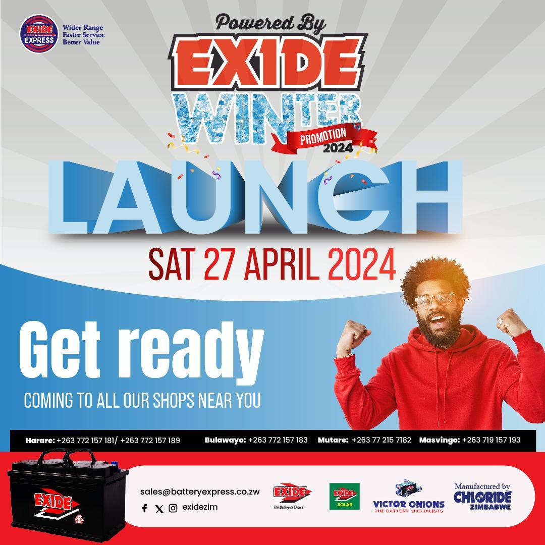 Join us for the 13th edition of the Powered by Exide Winter Promotion launch tomorrow Saturday 27 April at our Exide Shops near you. Lots of entertainment.
#exidetriedandtested 
#thebatteryofchoice 
#stayswitcheon 
@alickmacheso3 @takemorem1 @KUDZIELISTER2 @Mavhure @IdeasZaka