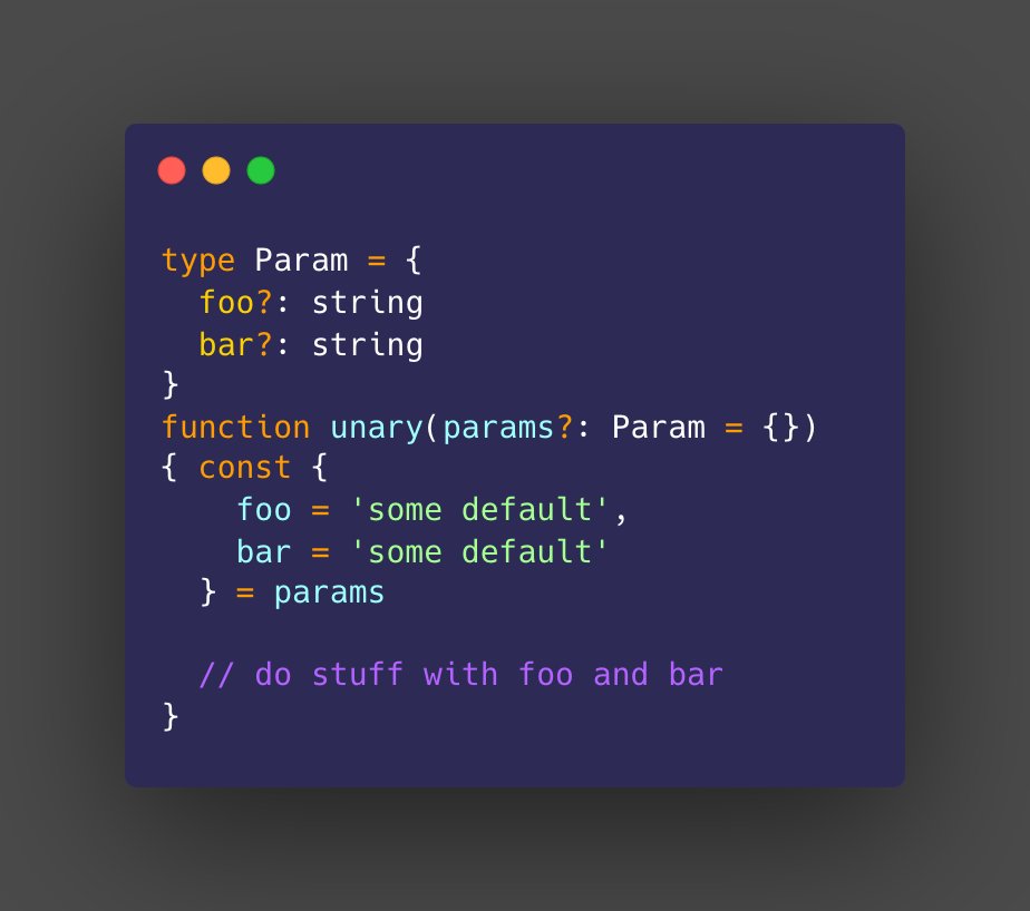 personalurban's tweet image. Is there a "better" pattern for supplying default values where a function parameter is an object with optional keys?