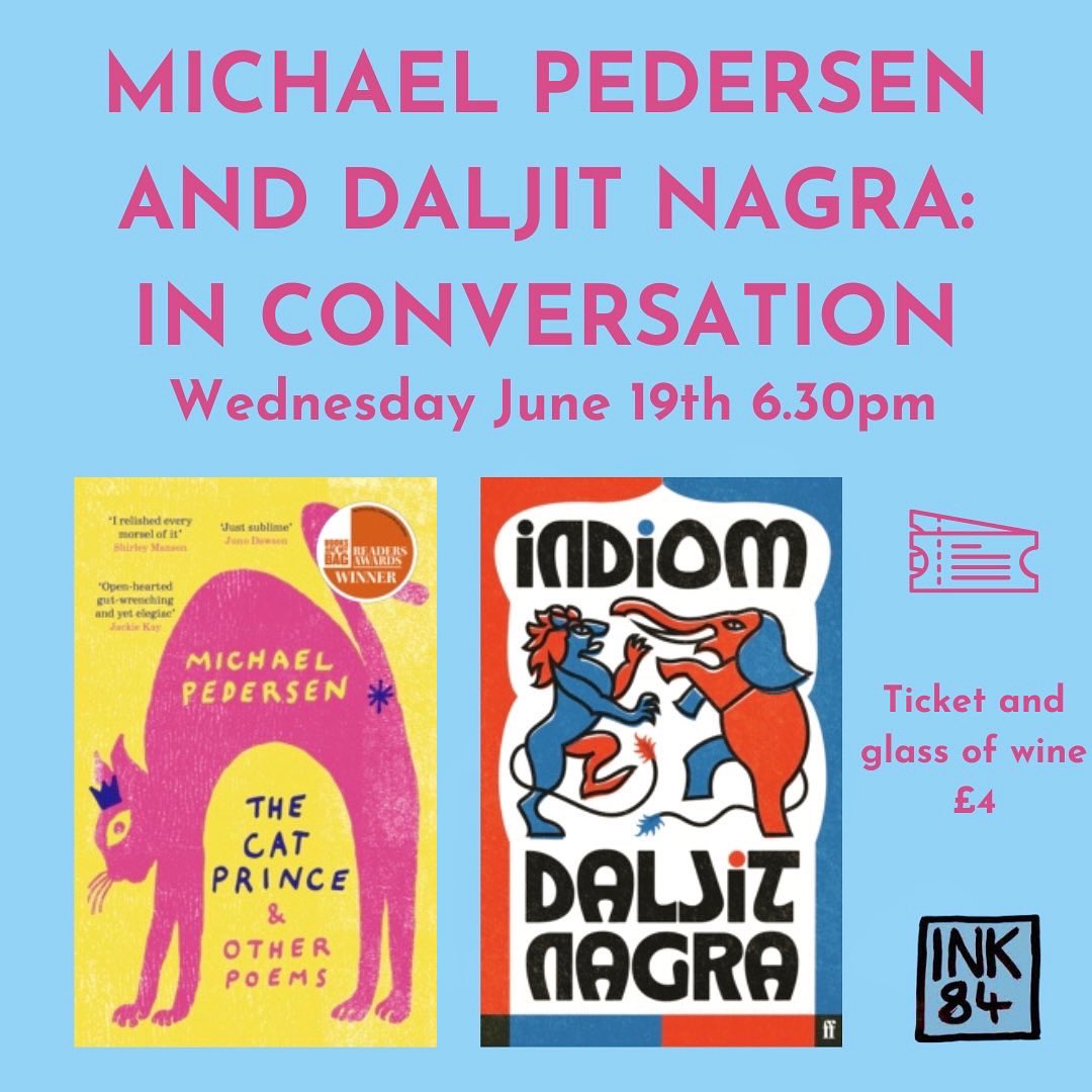 19/06! Hurrah: a London paperback launch for The Cat Prince with glorious @DaljitNagra4 at the equally glorious @Ink84Books, Highbury. Tickets to this are super limited & include a glass of something fancy. My chintzy graphic & their classy one 👑 🐈‍⬛. 🎫: ink84bookshop.co.uk/product-page/m…