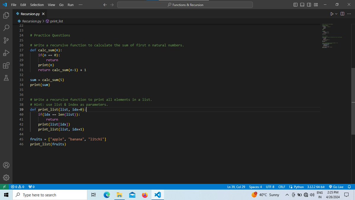 Joy__Khatri's tweet image. 💡 On Day 12, I dove into the depths of recursion in Python! 🔍 Mastering the art of self-calling functions, unraveling the mysteries of divide and conquer! 🧩 
#PythonAdventure 
#RecursionWisdom
#Python 
#pythonprogramming
#codinglife 
#coding
#CodingJourney