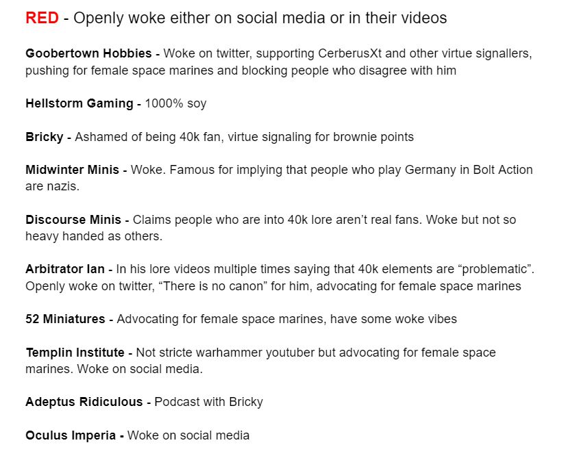 A very angry person, has made a list of 'Woke' YouTubers who run commentary on Tabletop gaming. 

May I suggest that if you actually want to know what the hobby is about and NOT be associated or bombarded with real life Nazis and want to learn something. 

Follow these people. 🤘