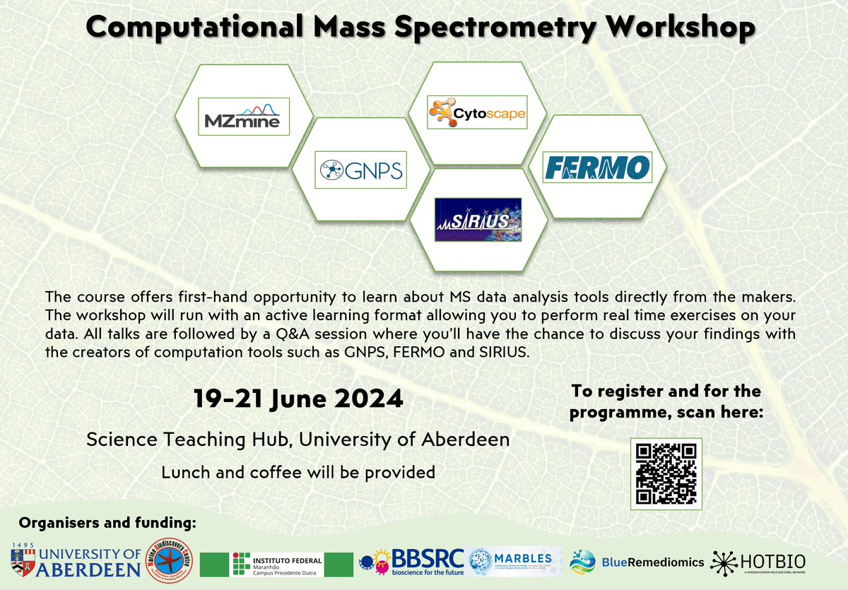🔬 Interested in #metabolomics tools and software? Our project partners from @MBC_UoA, @AberdeenUni are organising an Interactive Workshop on Computational Mass #Spectrometry!📅 Join the interactive workshop from 19-21 June 👉blueremediomics.eu/workshop-on-co…