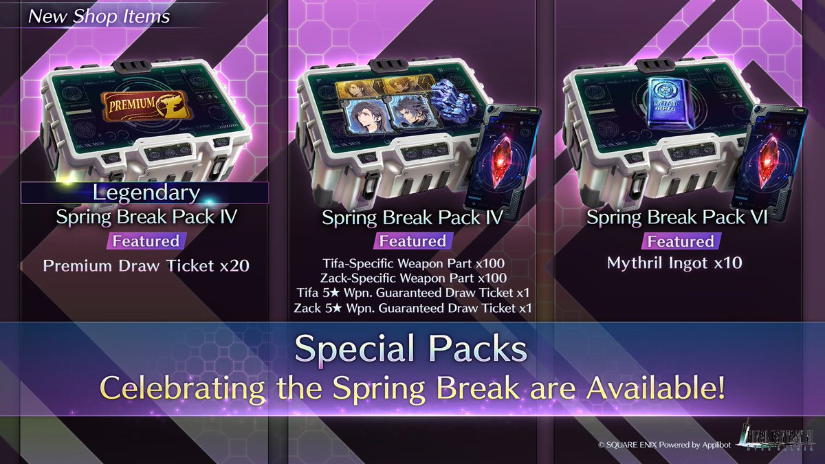 Spring Break Pack Available Now This pack includes items such as Mythril Ingot that can uncap a weapon's level! (*Please check the in-game notice for details.) #FF7EC #FF7EverCrisis