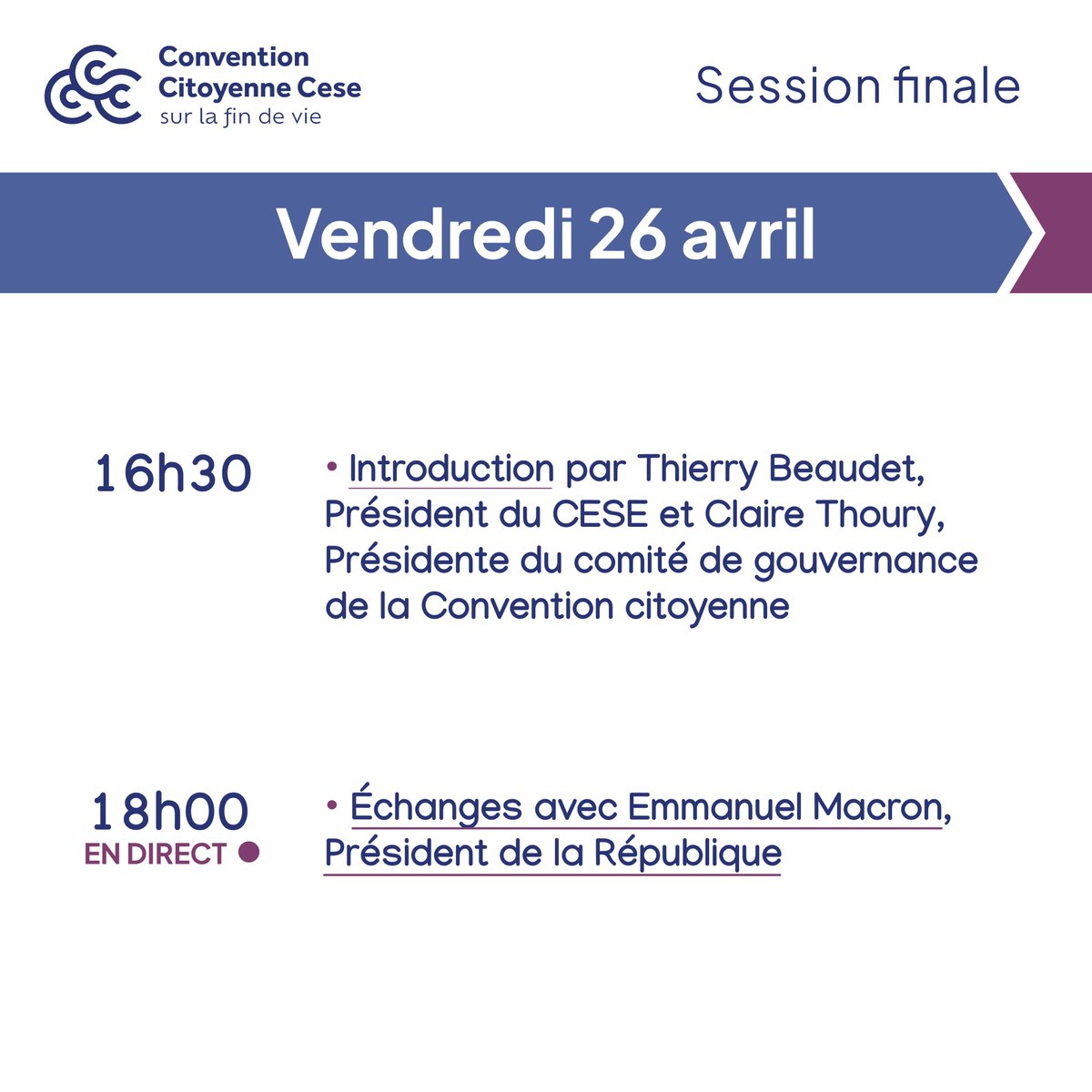 [🗓️Programme] Session finale #Conventioncitoyenne Rendez-vous aujourd'hui à 18h pour suivre en direct les échanges entre le Président de la République, Emmanuel Macron, et les citoyennes et citoyens de la Convention citoyenne sur la fin de vie Sur lecese.fr