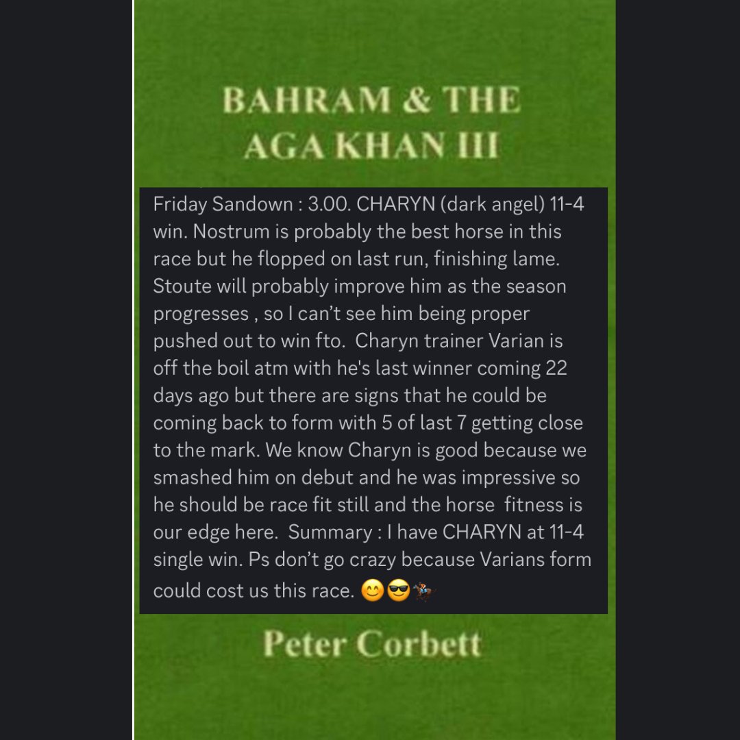 TICCircleTips's tweet image. Ahead of a great day of racing our main bet is 1pt win on Charyn 3.00. Reasoning below: