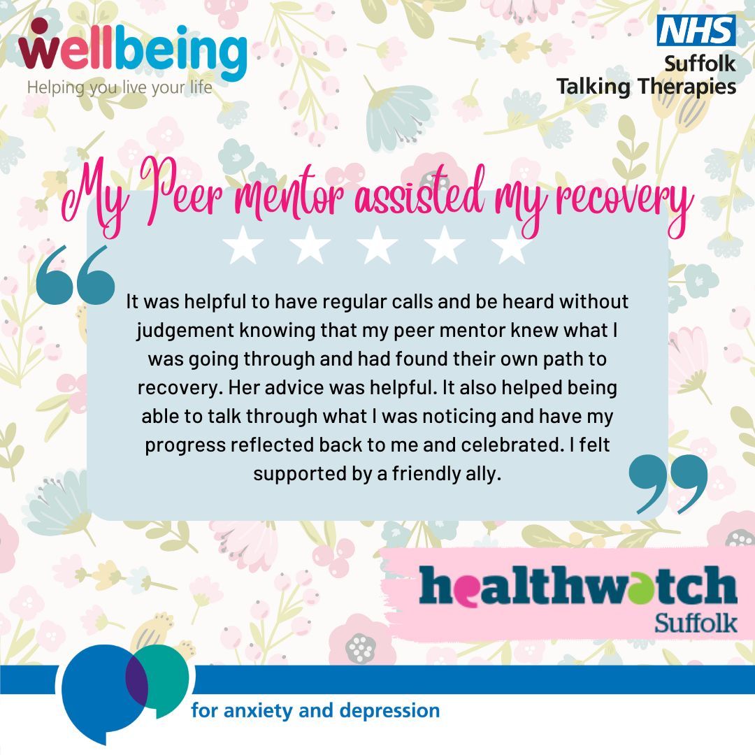 We're pleased to share this amazing piece of feedback about our Peer Mentor support kindly left on our page at Healthwatch Suffolk. Find out more about our Peer Mentor support: wellbeingnands.co.uk/suffolk/get-su… To leave us a review you can do so at: healthwatchsuffolk.co.uk/services/wellb…