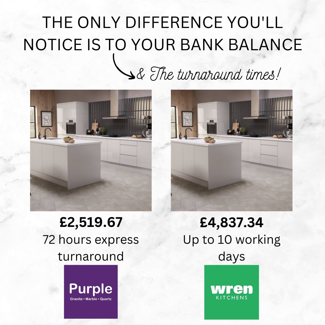 Have you had a quote for your kitchen from Wren? Buy your worktops direct with us and save up to 50%! 💰💰💰

At Purple, we will quote you prices that are up to 50% cheaper than those of Wren, Magnet, IKEA, etc.

#quartzworktops #wrenovation #wren #wrenkitchen #wrenkitchens