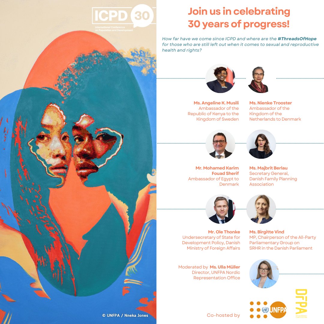 📣 Mark your calendars! Join us for an exciting discussion at @UNCityCPH on why the world must recommit to accelerating progress and build on the #ThreadsOfHope we have seen over the last 30 years. Register to attend ➡️ tinyurl.com/3mvumw63 #ICPD30