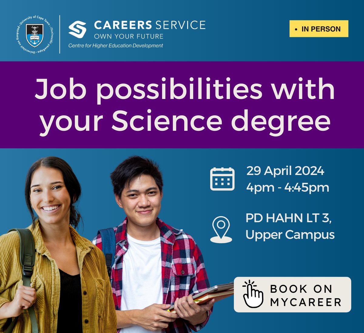 Sciences students - want to know what jobs are possible with your degree? Join us next week Monday, 29 April 2024 to find out what’s possible. Book here - mycareer.uct.ac.za/students/event…