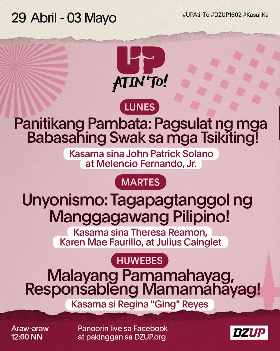 Antabayanan ang mga bagong episode ng UP Atin ‘To ng DZUP 1602 sa Abril 29, 30, at Mayo 2, 12 n.h. Mapapakinggan ito nang live sa dzup.org at mapapanood din sa facebook.com/dzup1602am.