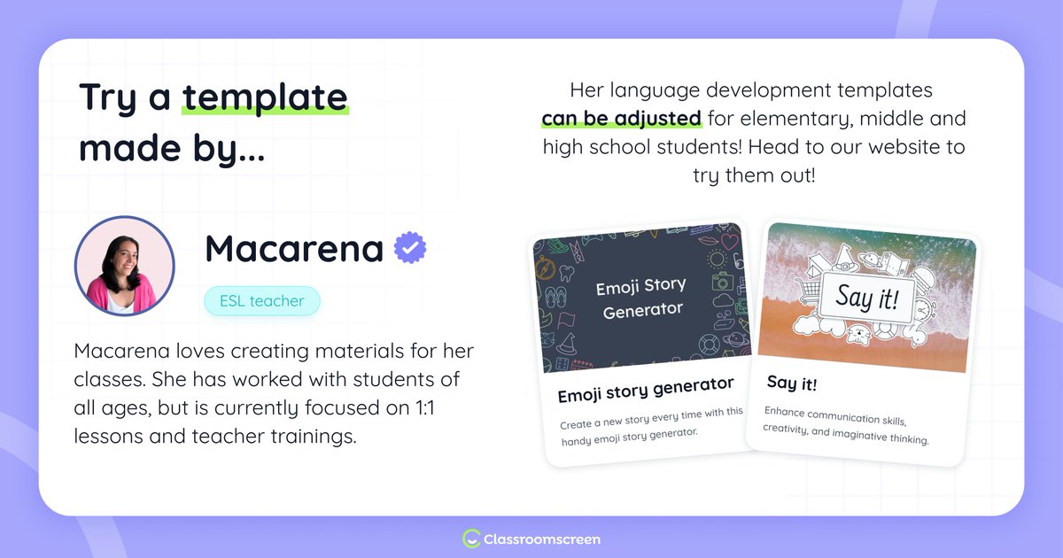 🇧🇷 Meet Macarena, one of our teacher creators based in Brazil!

✏️ Explore Macarena's templates, which are ideal for teaching story writing and sentence structure to second-language learners.

Try it today: classroomscreen.com/templates/@mac…
#classroomscreen #ESLteacher