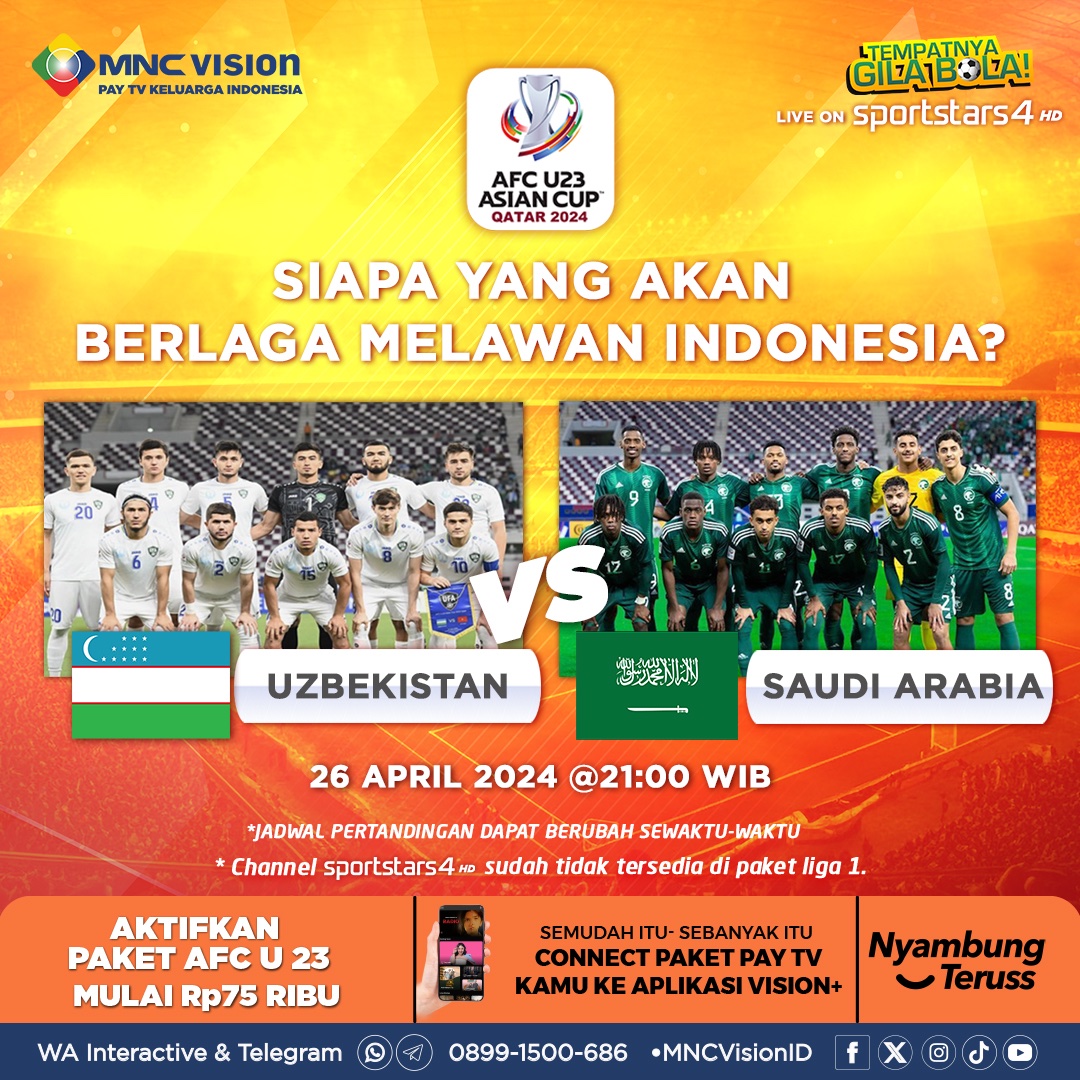 NANTI MALAM‼️‼️ Duel seru Arab Saudi vs Uzbekistan di perempat final AFC U-23 Asian Cup Qatar 2024 akan tersaji! Kemenangan antara dua tim ini akan menentukan lawan Timnas Indonesia di semifinal nanti🔥 Saksikan LIVE hari Jumat, 26 April 2024 pukul 21.00 WIB @ Sportstars 4!