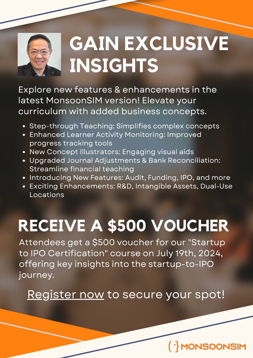 🚀 Excited for the MonsoonSIM User Conference 2024? 🌟 Join us to discover cutting-edge features in business simulation! #MonsoonSIM2024

🎁 Score a $500 voucher for our Startup to IPO course!

📅 Don't miss out—register now! [link] #EdTech #BusinessEducation