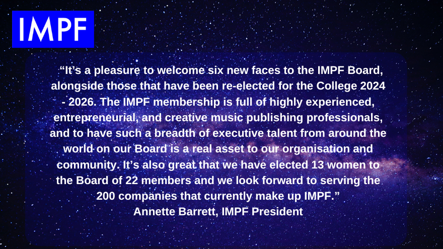 @IMPForum IMPF has elected a new College of members to its Board at the organisation’s 2024 General Assemblies in Dublin including 6 new publishers. See the Press Release here: zurl.co/XDrr #IMPFBoard #indies #music #publishers #IMPFGeneralAssemblies