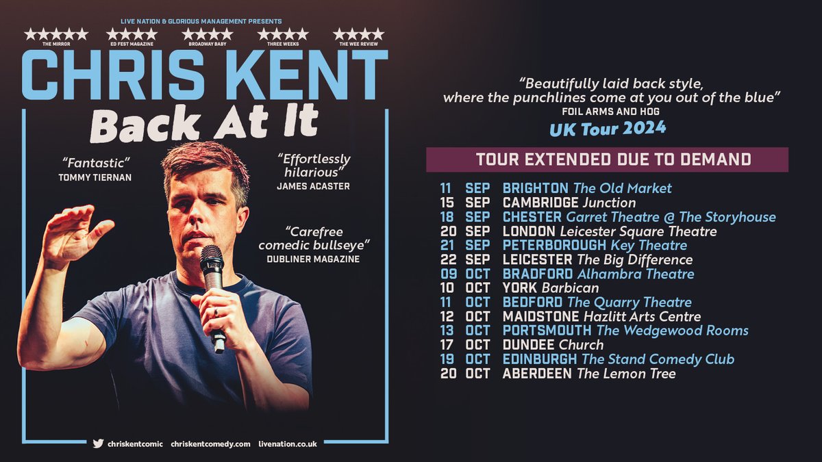 NEW SHOW! Cork man @chriskentcomic returns with his brand new show “Back At It”! With an extended run due to high demand & fans including James Acaster and Tommy Tiernan, this is not a show to miss! 📆22nd September 🎟️available from the link in our bio!