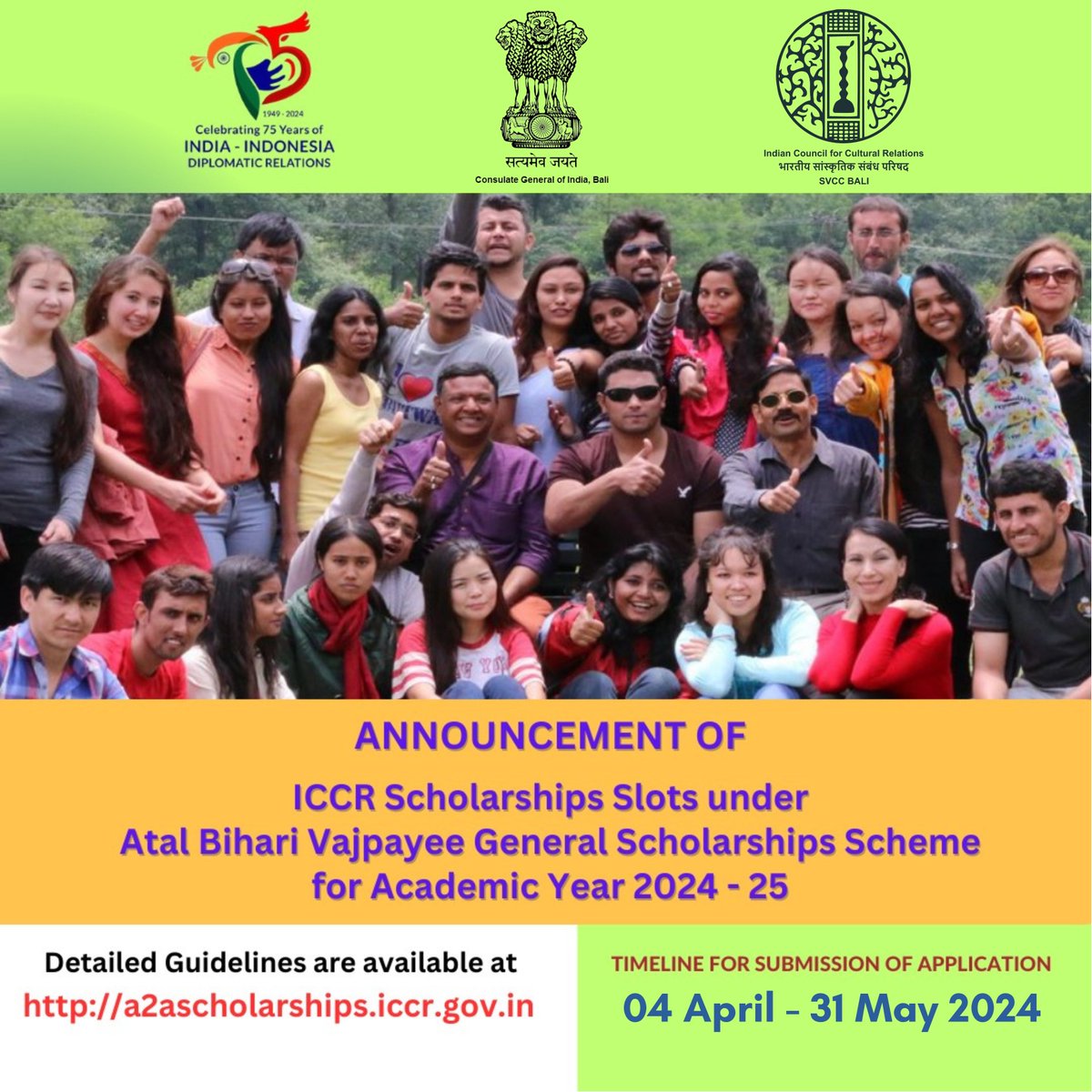 Indian Council for Cultural Relations (ICCR) is offering scholarships for Indonesian students to study in India under 'Atal Bihari Vajpayee General Scholarship Scheme' for Academic Year 2024 – 2025. Portal a2ascholarships.iccr.gov.in Last date to apply: 31 May, 2024.