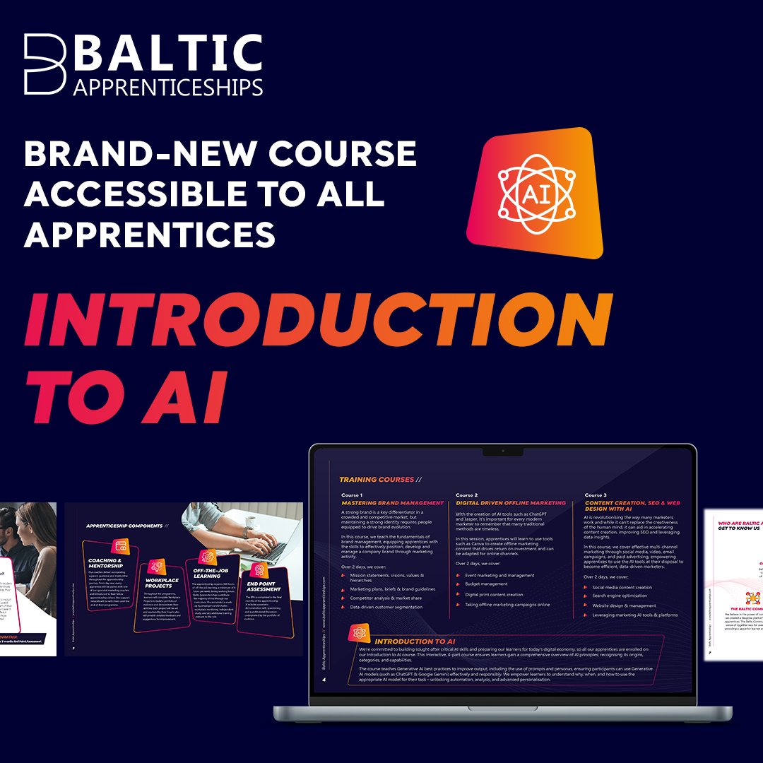 Our new 'Introduction to AI' course starts in June 2024 for all apprentices. This three-part journey covers AI principles, empowering ethical use of automation and personalisation and much more. 🌟 Learn more ➡️ balticapprenticeships.com/blog/new-intro…