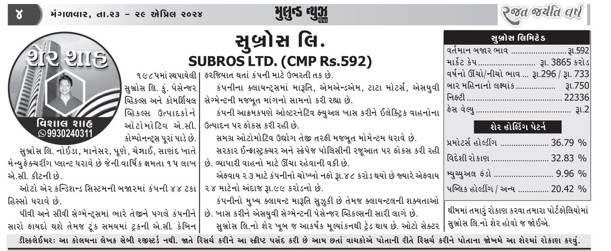 My stock pick column! #subros 

#AbkiBaar400Paar #Vedanta #Bengaluru #cnbcawaazno1 #CNBCTV18Market #stockmarkets #nifty50 #Nifty #shershah #BajajFinance #IREDA #KarnatakaElection #RVNL #Heatwave