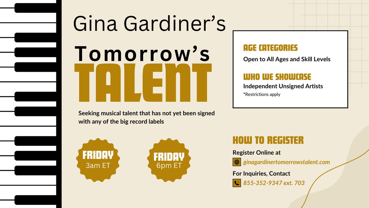 Calling all unsigned musical talent!   The Gina Gardiner Showcases Tomorrow's Talent is searching for its next stars! ✨ Gain worldwide exposure & play your music on the Brushwood Media Network.   Apply now & learn more: ginagardinertomorrowstalent.com #unsignedmusic #newmusic #radio