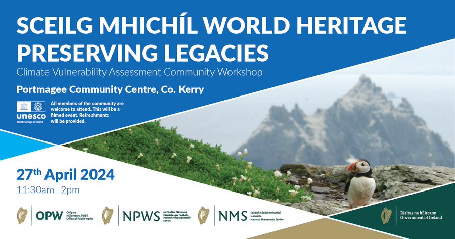 @NationalMons with @opwireland & @NPWSIreland will host a Sceilg Mhichíl Climate Vulnerability Assessment Community Workshop in Portmagee Community Centre, Co Kerry (tomorrow) 27 April 11:30am - 2pm. All welcome. Learn more tinyurl.com/ye2xnnfd #WorldHeritage #ClimatEireitage