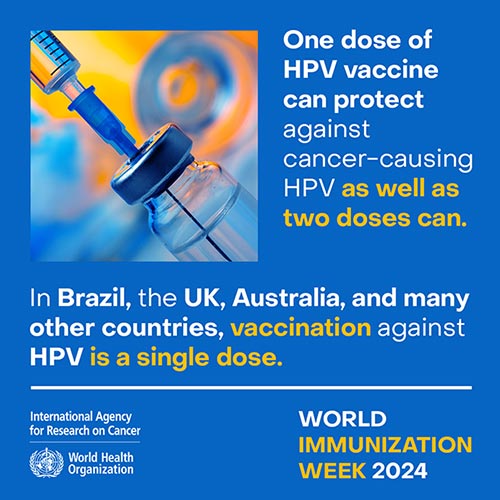 #WorldImmunizationWeek
One dose of #HPV #vaccine protects against #CervicalCancer as well as two doses.
Countries around the world are adopting single-dose vaccine schedules to accelerate the elimination of cervical #cancer iarc.who.int/news-events/wo…