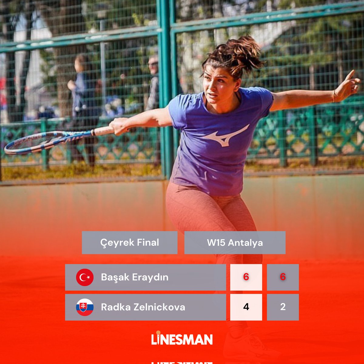🎾 Milli raketimiz Başak Eraydın (@EraydinBasaK), W15 Antalya turnuvasının çeyrek finalinde Radka Zelnickova’yı 6-4, 6-2 mağlup ederek yarı finale yükseldi! #TürkTenisi • #BaşakEraydın
