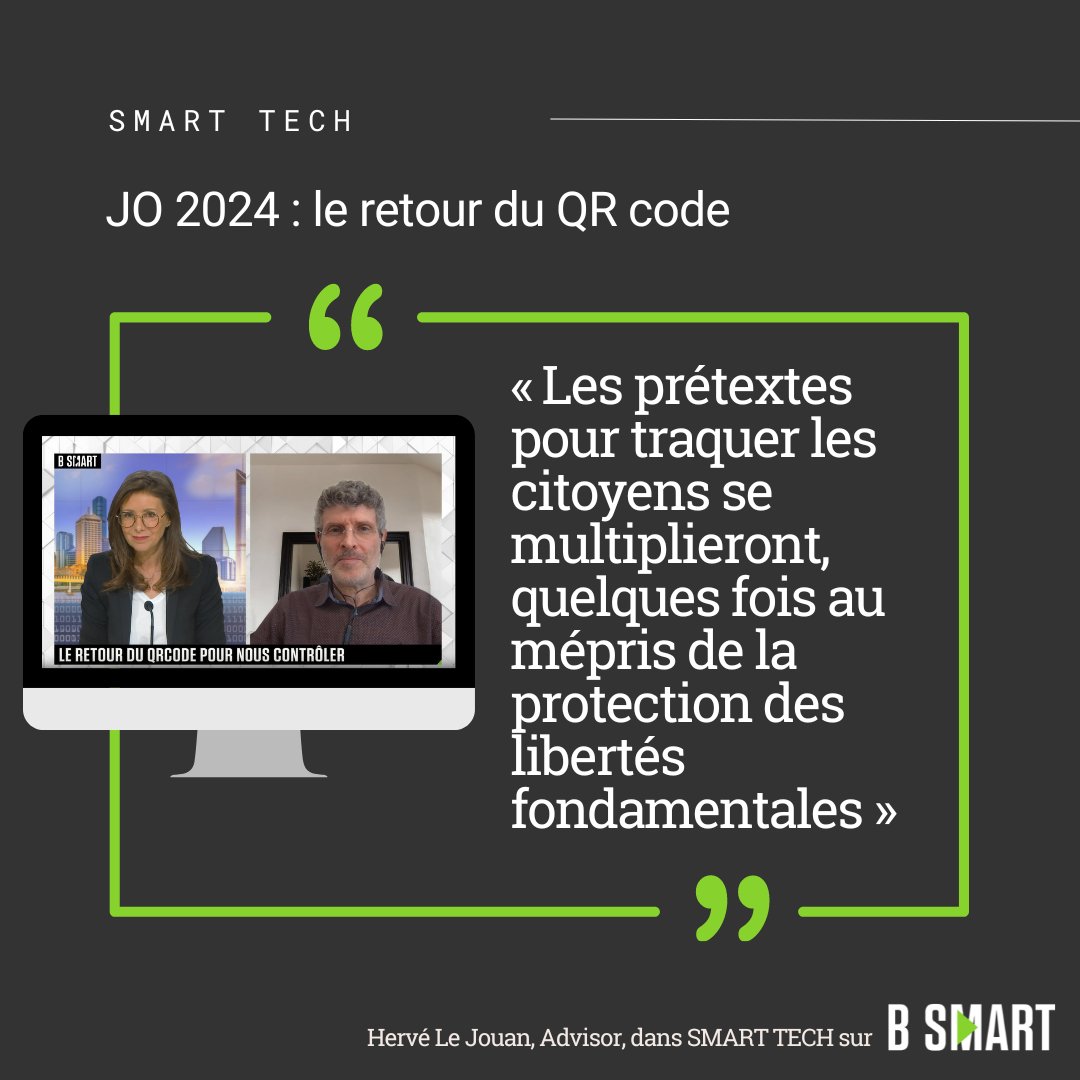 JO 2024 : le retour du QR code pour nous contrôler ! Hervé Le Jouan, fondateur d'Advisory, s'en inquiète dans #SmartTech au micro de @delf1. ➡️ entretien complet sur bsmart.fr/video/24112-sm… #Paris2024 @prefpolice @Paris2024