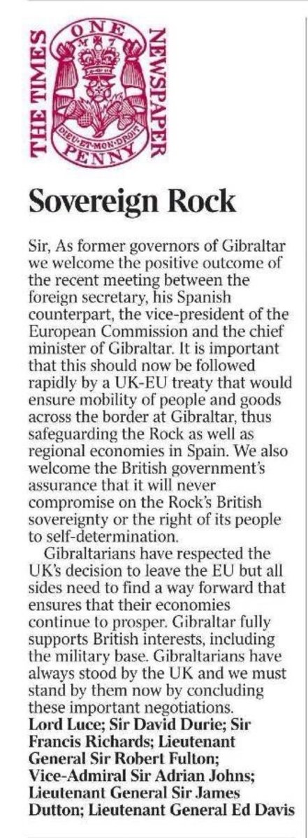 An important letter in today's 'Times' from former Governors of #Gibraltar on a potential agreement with the EU on a deal for fluid movement of people and goods across our frontier with the rest of Europe.