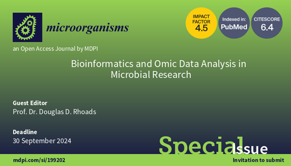 Special Issue: Bioinformatics and Omic Data Analysis in Microbial Research Website: mdpi.com/si/199202 Guest Editor: Prof. Dr. Douglas D. Rhoads #bioinformatics #microorganisms #genomics #proteomics #metabolomics