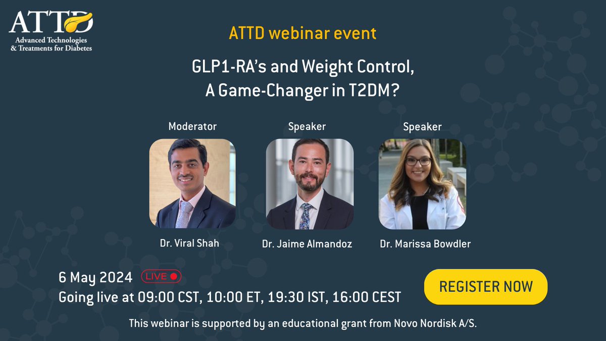 ☝️ First #ATTDWebinar from the series, where experts will delve into the potential of #GLP1RA therapy among individuals with #T2DM. 🗓️Date: 6 May 2024 ⏰Time: 16:00 CEST REGISTER NOW: bit.ly/4dbULXY The webinar will have live translation in Spanish and Portuguese.