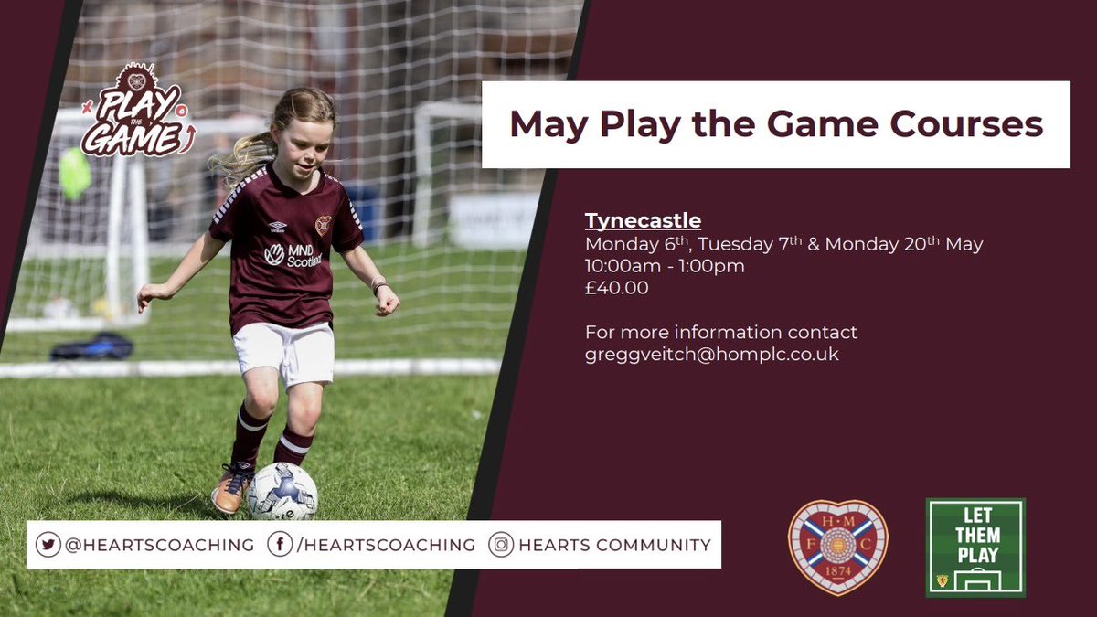 May Play the Game Course We’ve got all 3 days of the Edinburgh School Holidays covered! 3 hours of football each day⚽️ * Sibling Discounts Available* 👇🏻Book Now 👇🏻 🔗 bit.ly/MAYPTGC For more info 📧GreggVeitch@homplc.co.uk