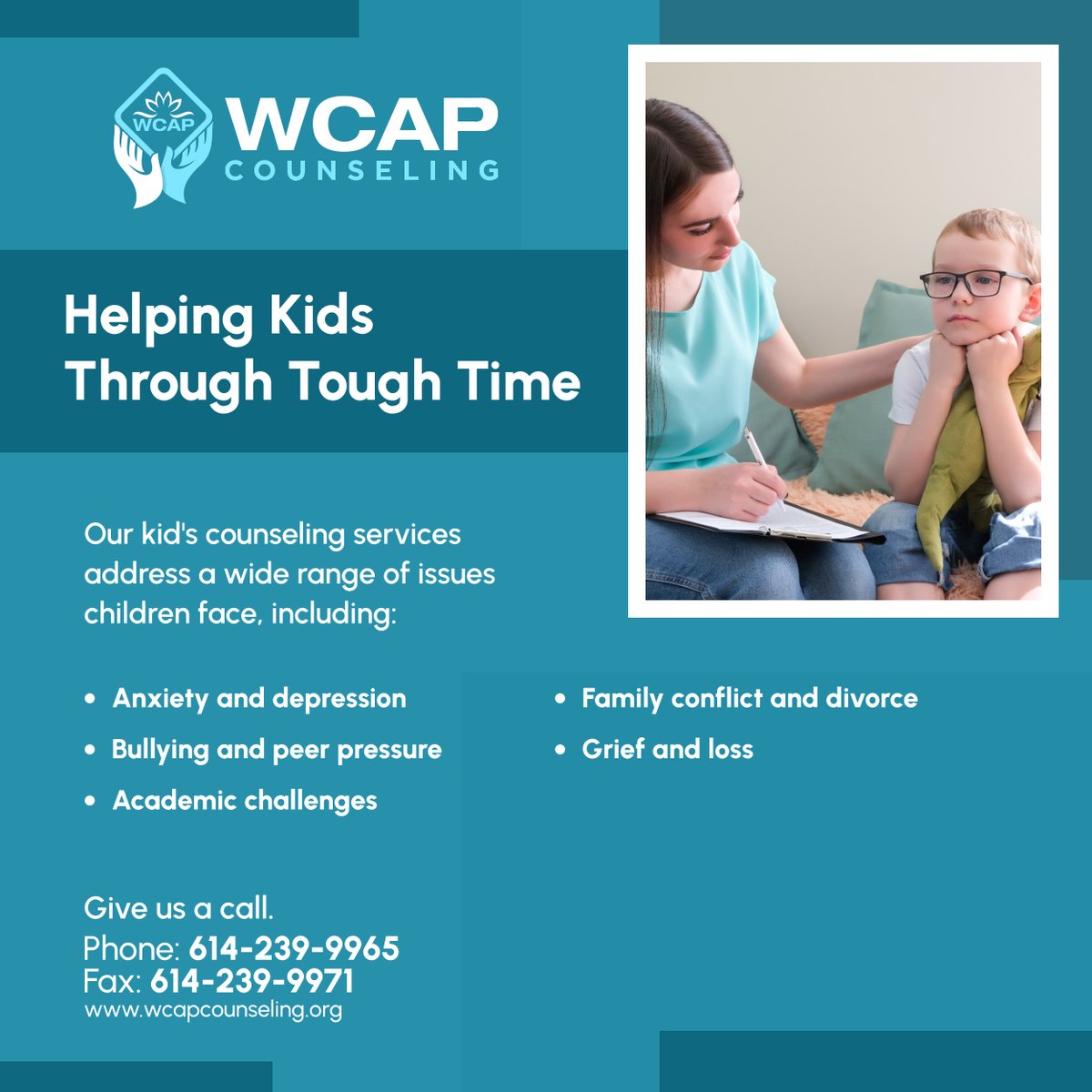 No matter what your child is going through, WCAP Counseling is here to support them. We offer personalized care to meet your child's unique needs. 

#CounselingServices #ReynoldsburgOH #MentalHealthForKids