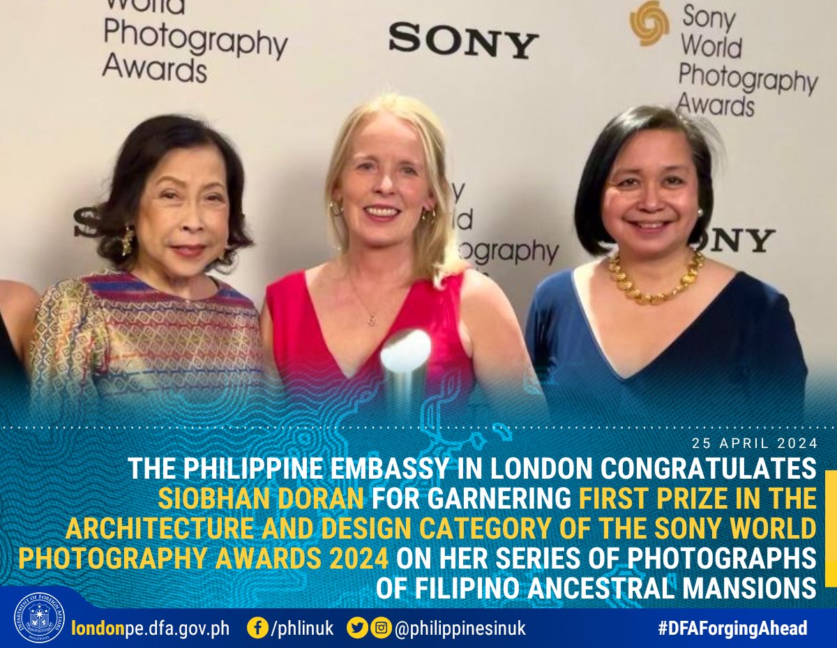 The Philippine Embassy in London congratulates Irish photographer and visual artist Ms. Siobhan Doran for winning first prize in the Architecture and Design category of the Sony World Photography Awards 2024 for her series of photographs taken at the ancestral (1/3)