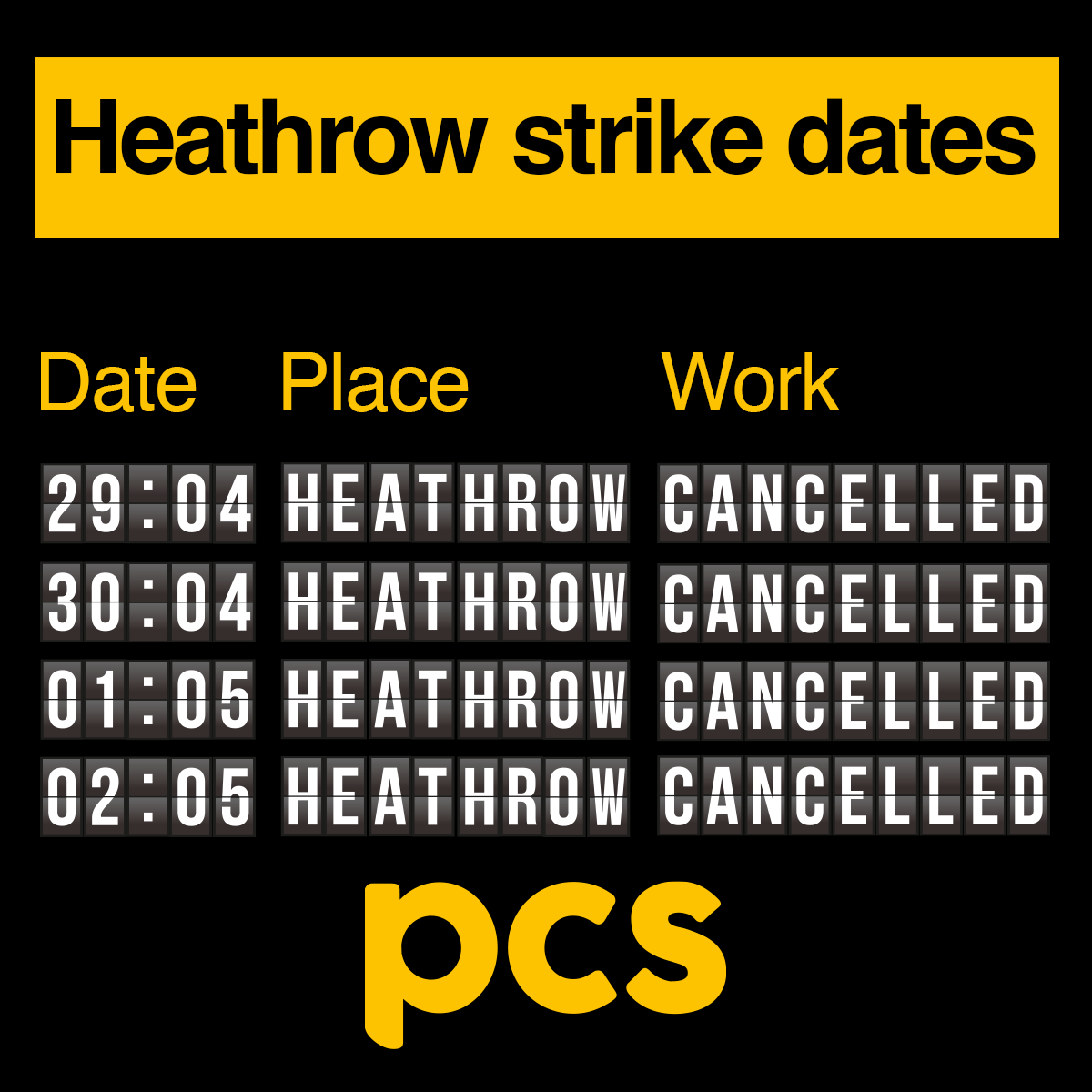 pcs_union's tweet image. #PCS members working on passport control at Heathrow Airport start 4 days of strike action on Monday 29 April in their dispute over forced changes to their rotas.
Find out how you can support the strikers.
pcs.org.uk/news-events/ne… #PCSonStrike