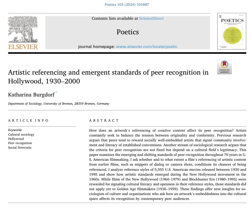 Katharina Burgdorf (@kat_soc58) on Twitter photo Exciting news 🎉 My article has just been published! I ask how reference styles influence a cultural product's peer recognition in the context of film. A huge thanks to @WITWhat, <a href="/RachelSkaggs/">Rachel Skaggs</a> and so many more who supported this work. Check it out here:
sciencedirect.com/science/articl… Exciting news 🎉 My article has just been published! I ask how reference styles influence a cultural product's peer recognition in the context of film. A huge thanks to @WITWhat, <a href="/RachelSkaggs/">Rachel Skaggs</a> and so many more who supported this work. Check it out here:
sciencedirect.com/science/articl…