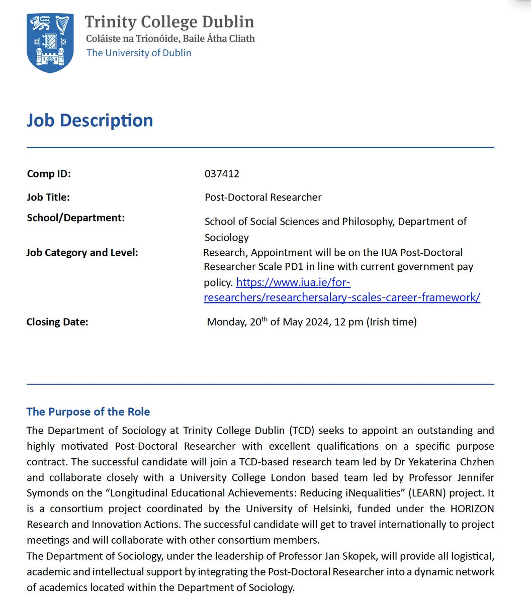 Join me, @Jenny_Symonds and others on the LEARN team to work on educational inequalities! #PostdocPosition at @TCDsociology Deadline: 20th May. Duration: 30 months. APPLY here: tcd.ie/sociology/vaca… LEARN - Horizon project: cordis.europa.eu/project/id/101…