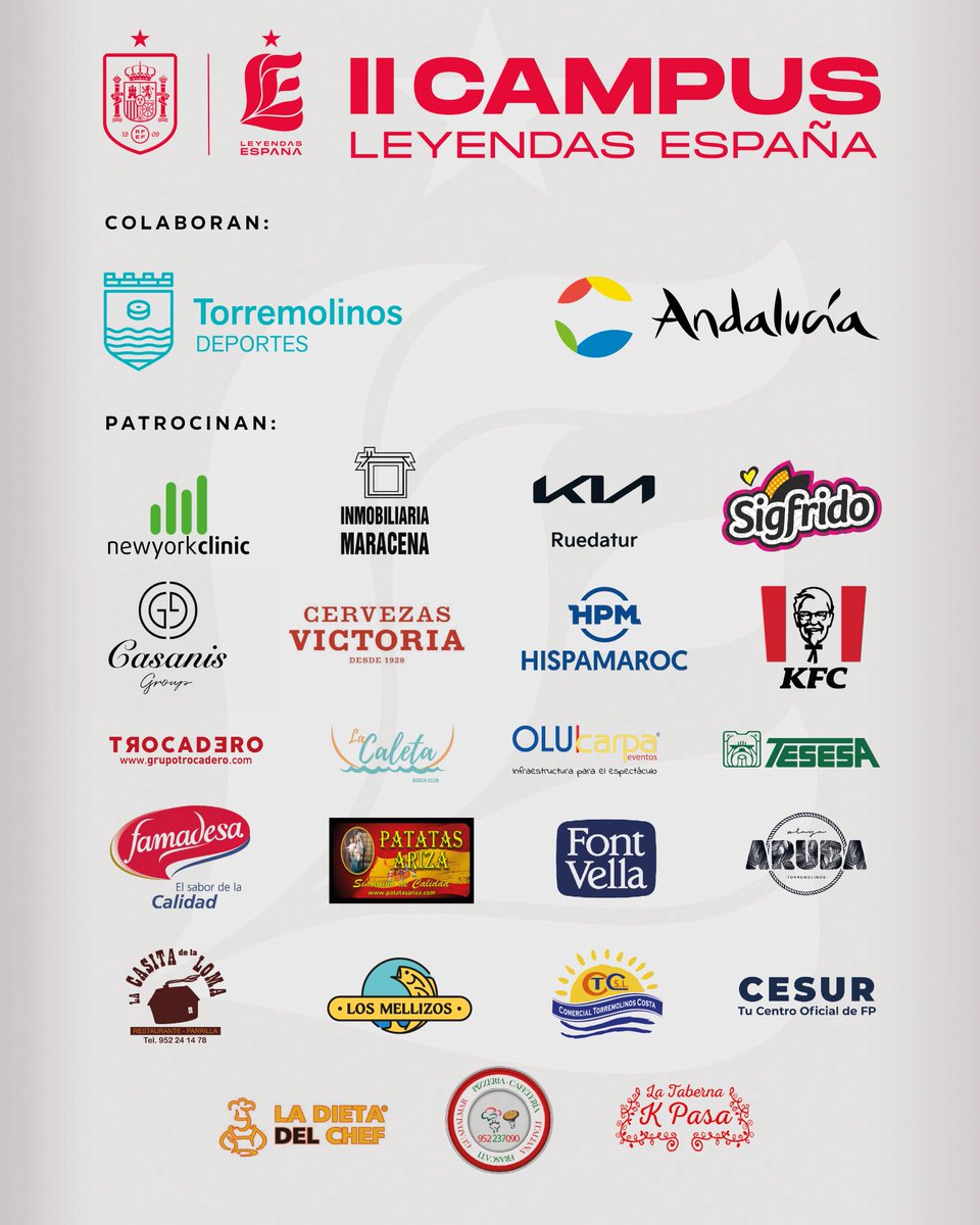 🔜⚽️¿Quieres vivir este verano una experiencia única? Únete al 𝗜𝗜 𝗖𝗮𝗺𝗽𝘂𝘀 #LeyendasEspaña de Torremolinos (Málaga) con internacionales 🔝 de la @SEFutbol.✨¡No te lo pierdas!

🗓️24-28 junio | 1-5 julio
🚨EXTERNO ¡PLAZAS LIMITADAS!
✍️ leyendasespana.com/web/campus-mal…

#SomosEspaña🇪🇸