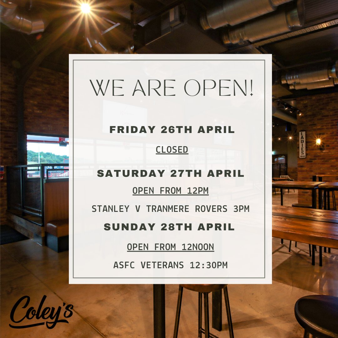 🤎 Coley's weekend opening times 🙌 Join us for the last match of the season! All home and away fans welcome, don't forget your match ticket.