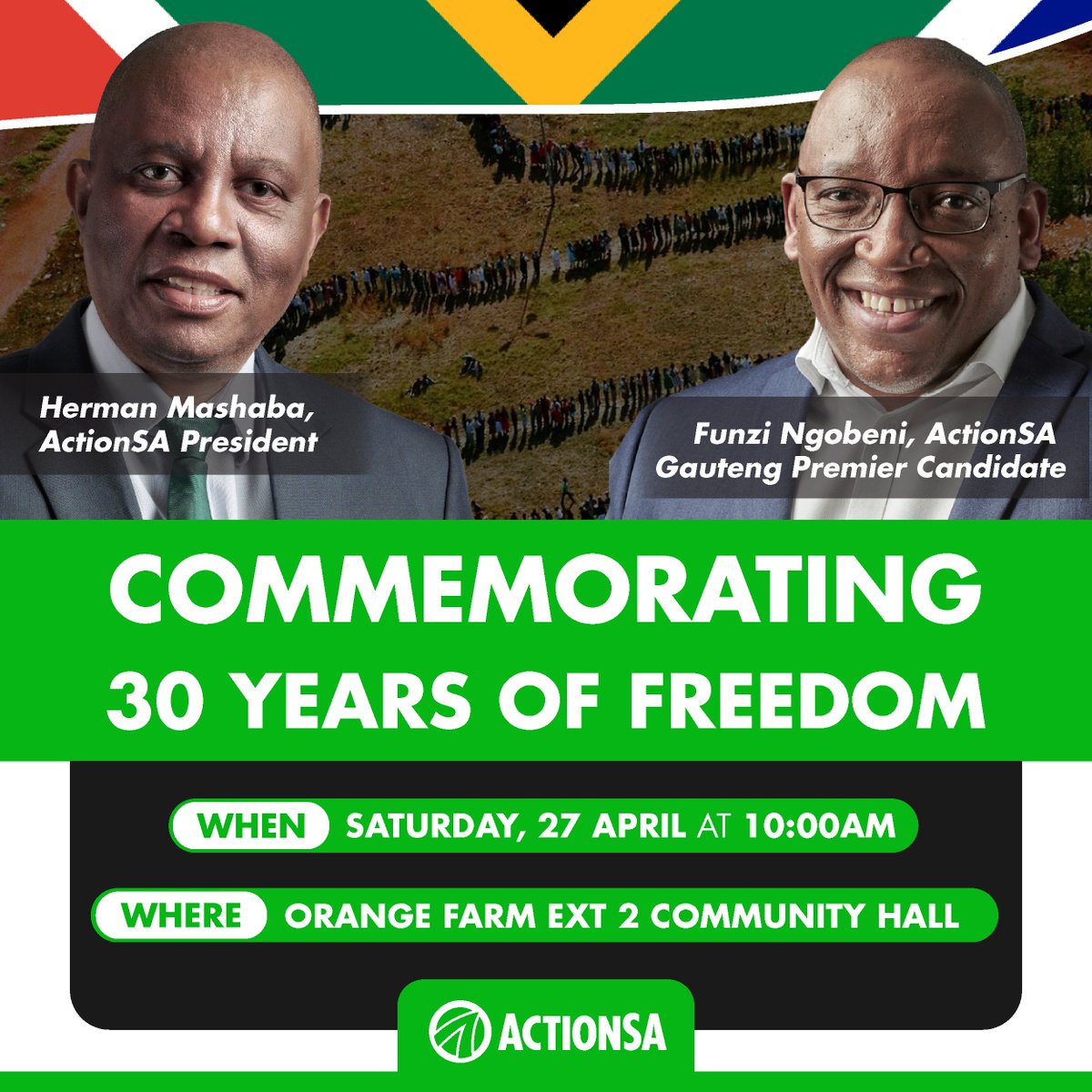 Tomorrow, President @HermanMashaba and our Gauteng Premier Candidate @Funzi_Ngobeni will lead our #FreedomDay commemoration event in Orange Farm. Join us and let’s celebrate 30 years of our democracy together!