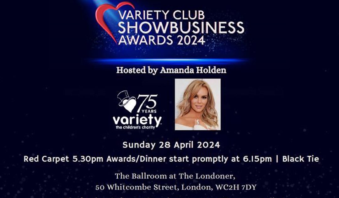 Excited 4 #VarietyClubShowbusinessAwards Sunday hosted by the brilliant @AmandaHolden at the #LondonerHotel on #LeicesterSquare. Another great opportunity to celebrate 75 years of @VarietyGB & the brilliant work of our supporters
#varietyclub #varietythechildrenscharity #variety