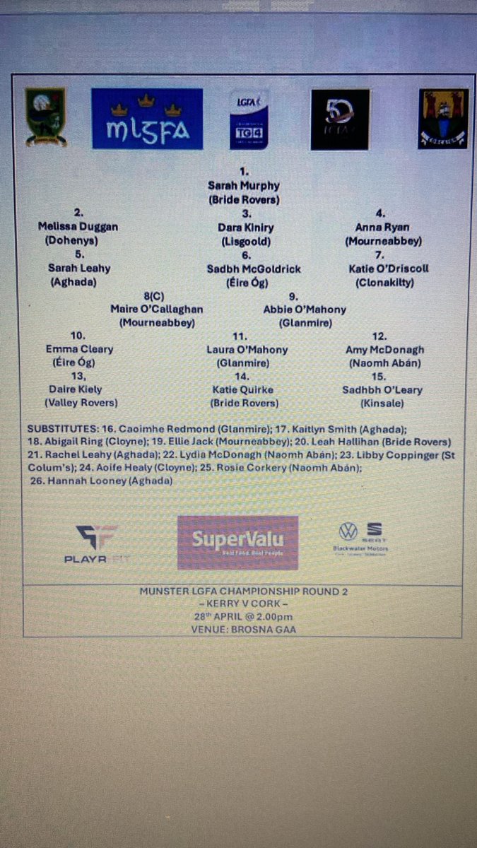 𝘾𝙤𝙧𝙠 𝙇𝙂𝙁𝘼 𝙏𝙚𝙖𝙢 𝘼𝙣𝙣𝙤𝙪𝙣𝙘𝙚𝙢𝙚𝙣𝙩 Shane Ronayne has announced his team to play @kerryladiesfoot in @BROSNAGAA on Saturday, 27th April, at 2.00 pm in Rd 2 of the @MunsterLGFA Championship @SuperValuIRL @PlayrFit @BlackwaterMotor