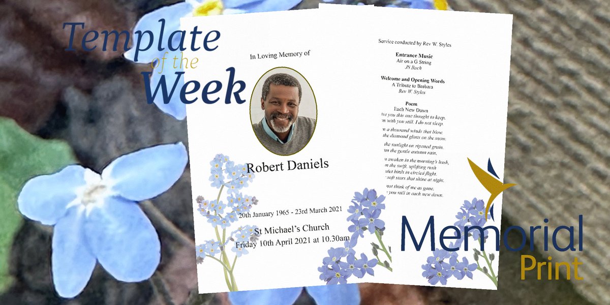 The modest Forget-Me-Not remind us that memories of our loved ones will forever remain in our hearts.
#TemplateOfTheWeek 💙

#FuneralDirector #OrderOfService #CelebrationOfLife #MemorialPrint #Design #Print #FlowersOnFriday