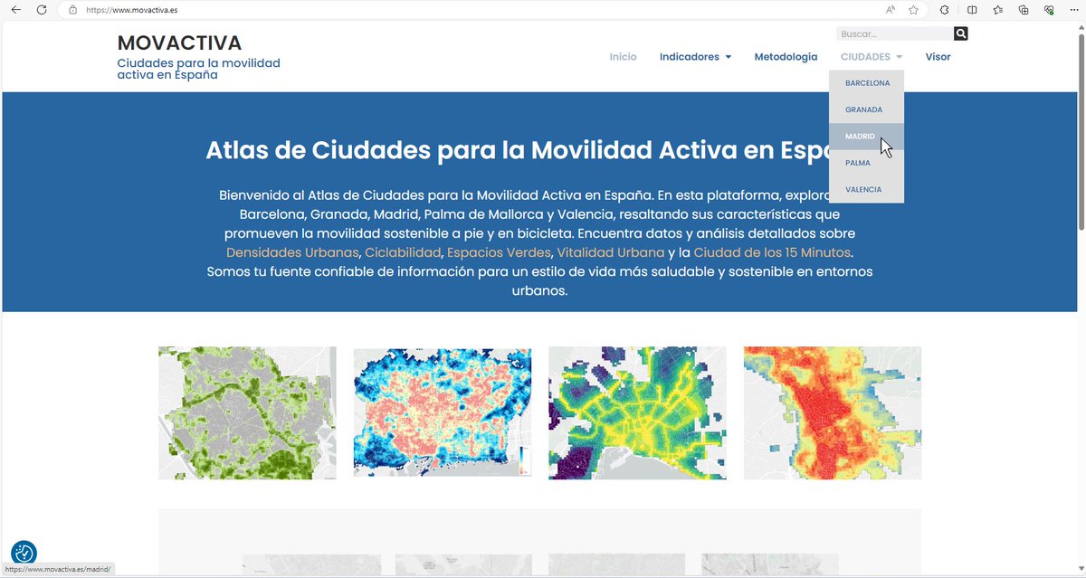 📣Atención, tenemos novedades! Incorporamos #Madrid al Atlas de las Ciudades para la Movilidad Activa en España. 🔗En movactiva.es/madrid/ encontraréis en primícia los mapas de los indicadores de 🗺️Movilidad activa 🗺️Densidades urbanas para la caminabilidad 🗺️Verde urbano