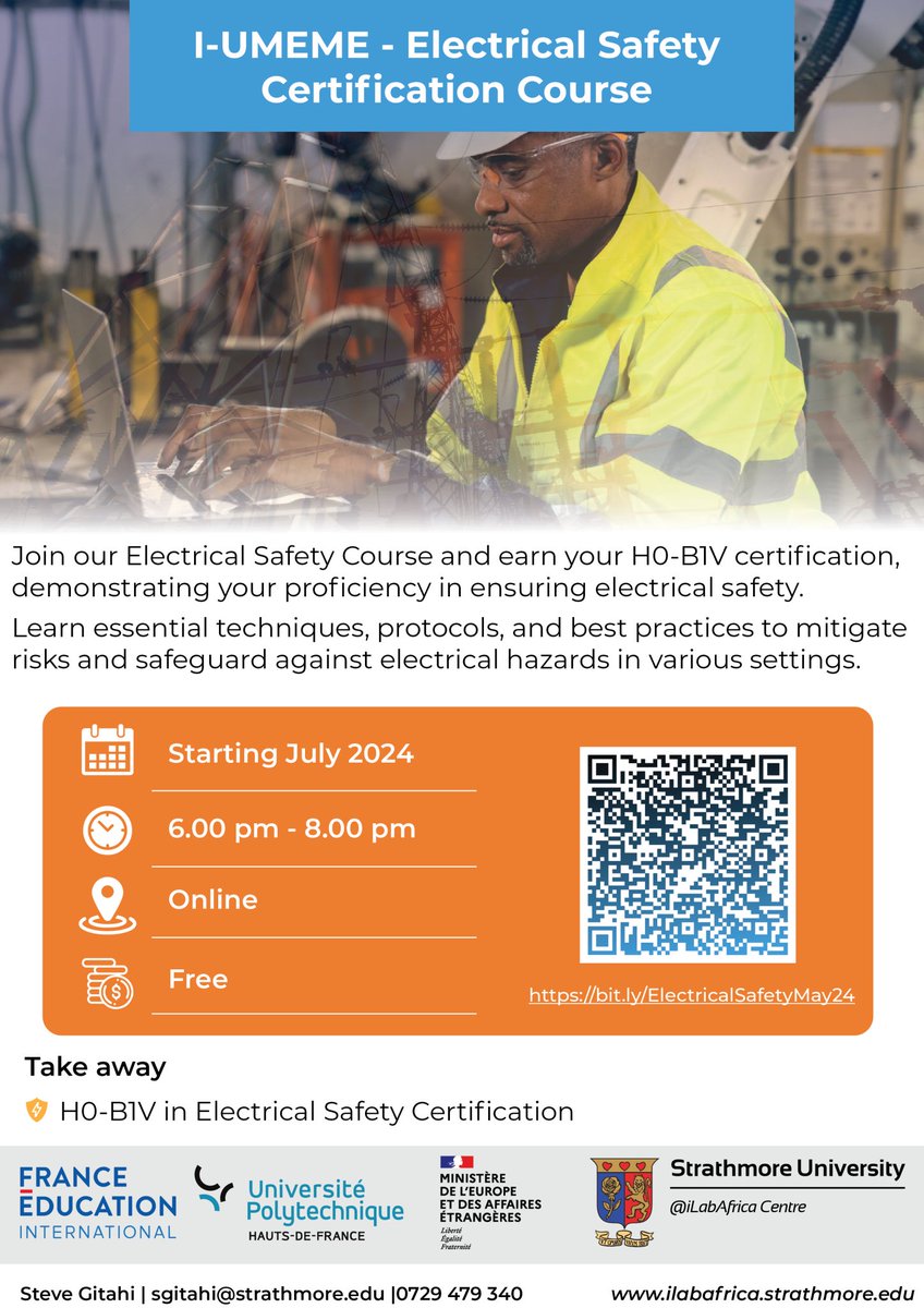 Electrify your skillset with our HO-BIV-certified Electrical Safety Course. The gateway to becoming an electrical safety expert! Register for the online sessions now: ilabafrica.strathmore.edu/i-umeme-electr… #ElectricalSafety
